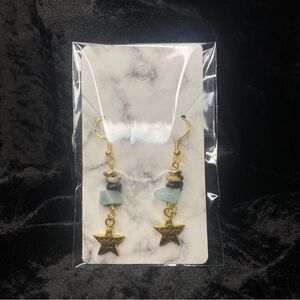 Gold Star Dangle Earrings with Blue Accents